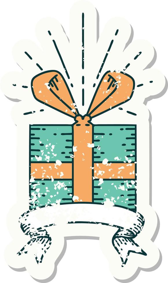 worn old sticker of a tattoo style christmas present vector