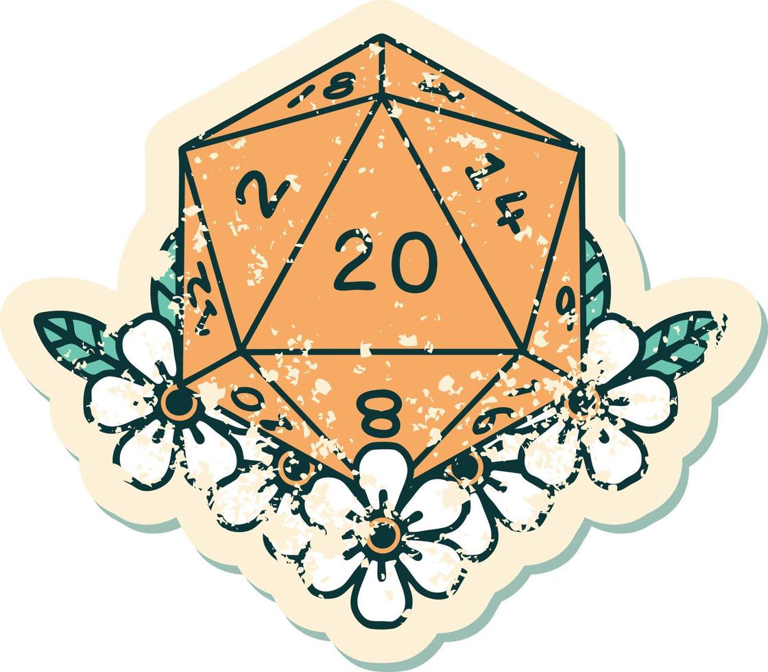 Retro Tattoo Style natural 20 D20 dice roll with floral elements vector