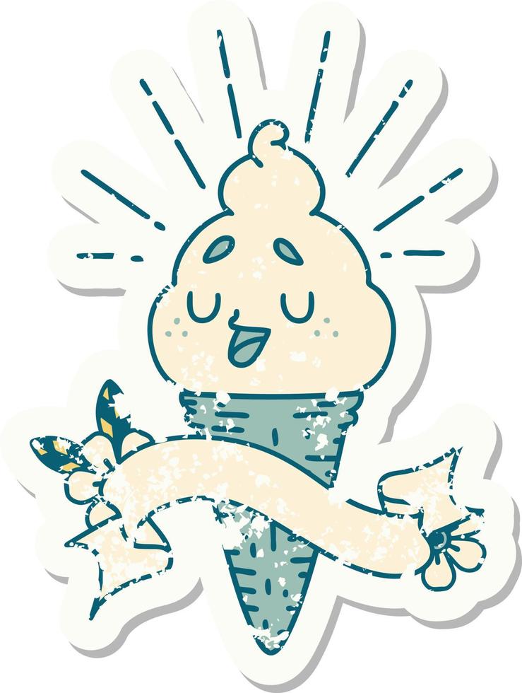 worn old sticker of a tattoo style ice cream character vector