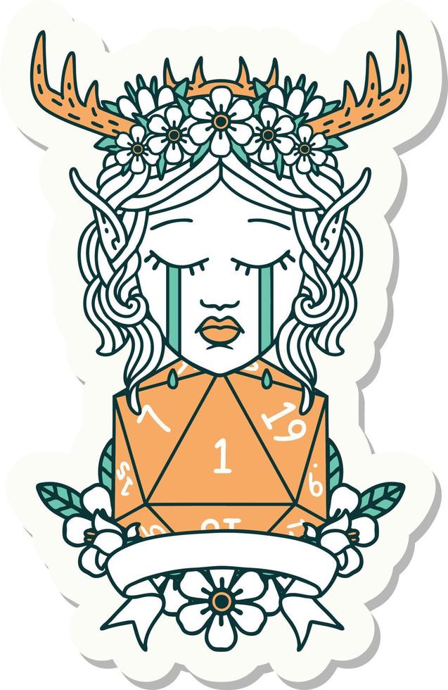 sticker of a sad elf druid character face with natural one D20 roll vector