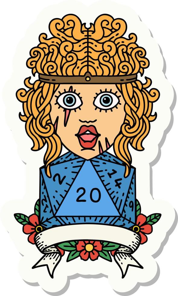 sticker of a human barbarian with natural twenty dice roll vector