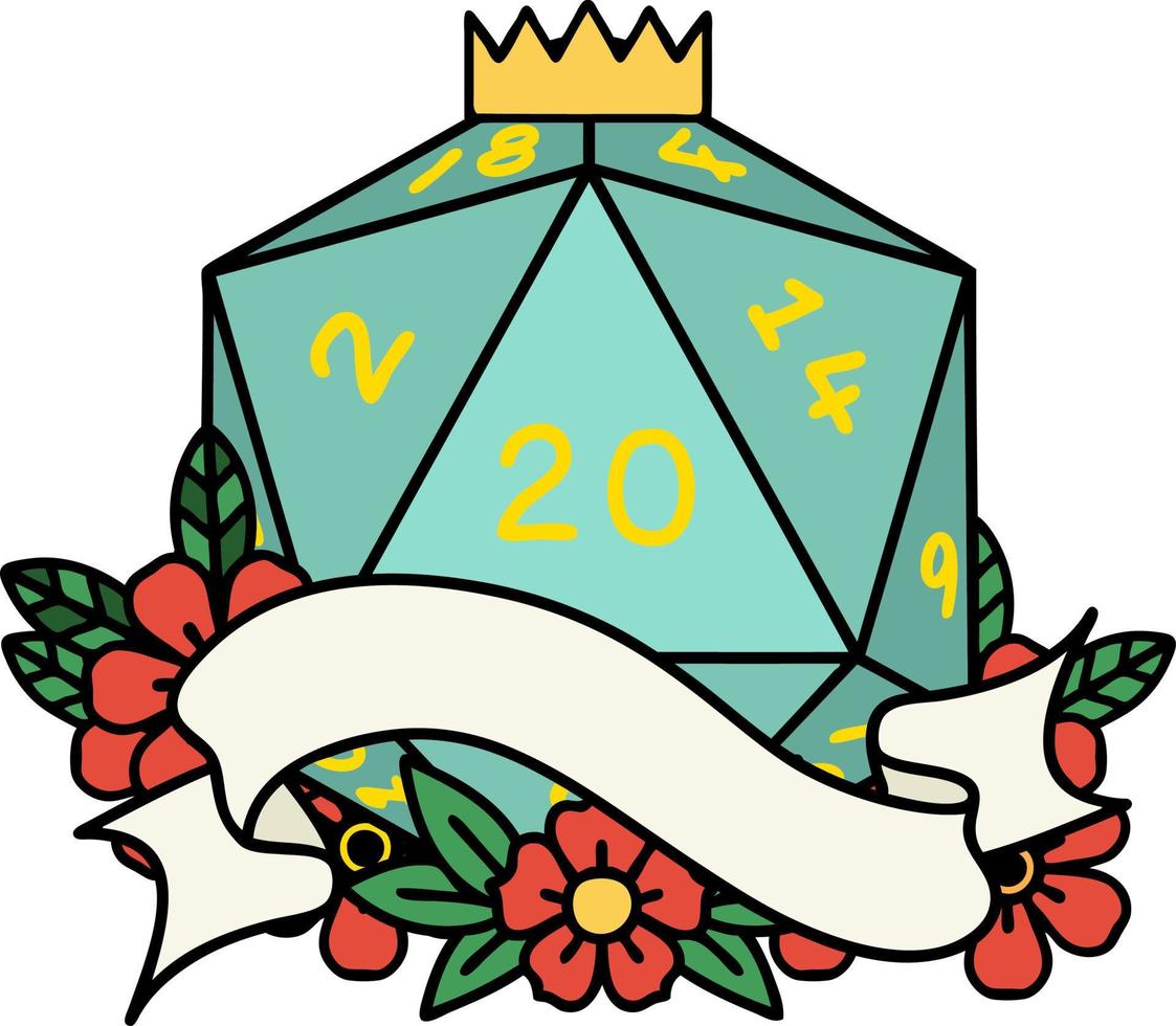 Retro Tattoo Style natural twenty D20 dice roll vector