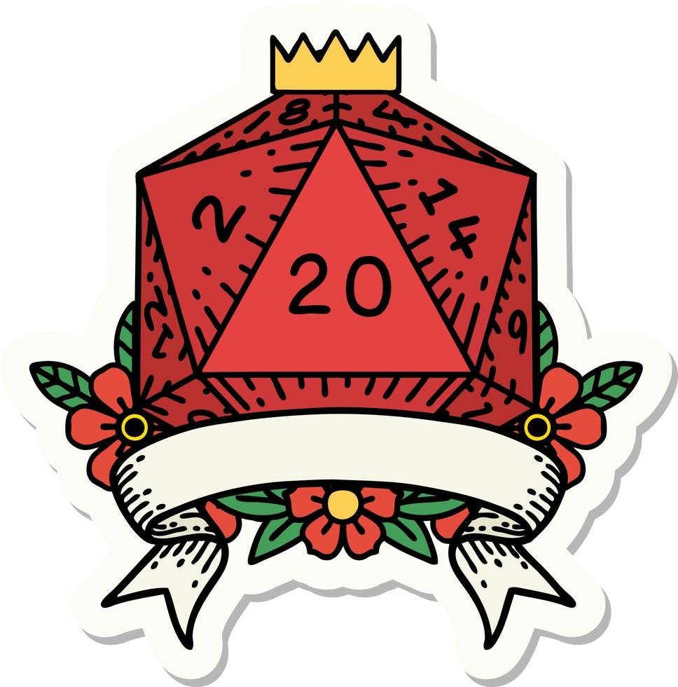 sticker of a natural 20 critical hit D20 dice roll vector