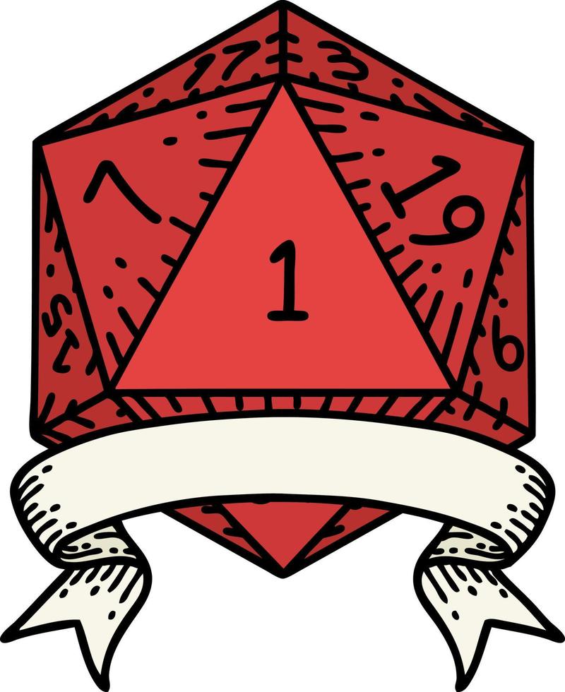 Retro Tattoo Style natural one d20 dice roll vector