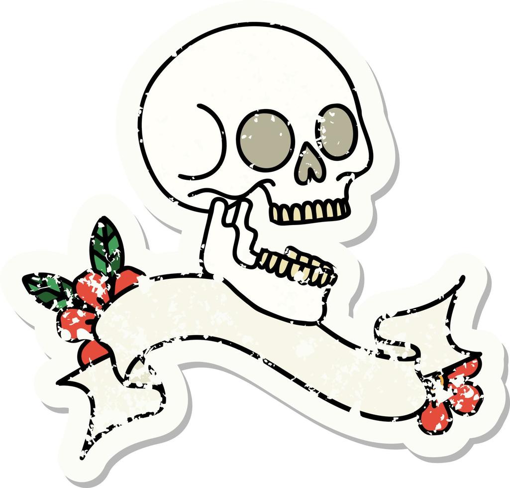 worn old sticker with banner of a skull vector
