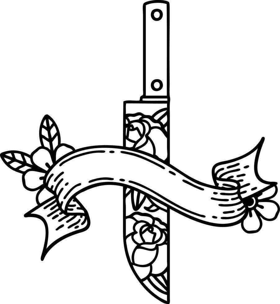 traditional black linework tattoo with banner of a dagger and flowers vector
