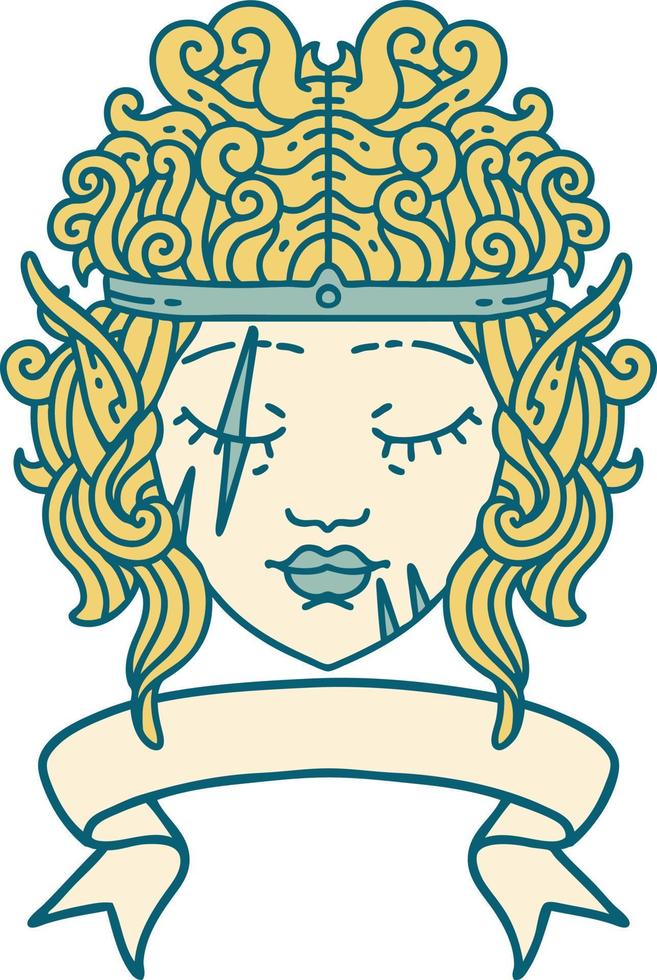 Retro Tattoo Style elf barbarian character face with banner vector