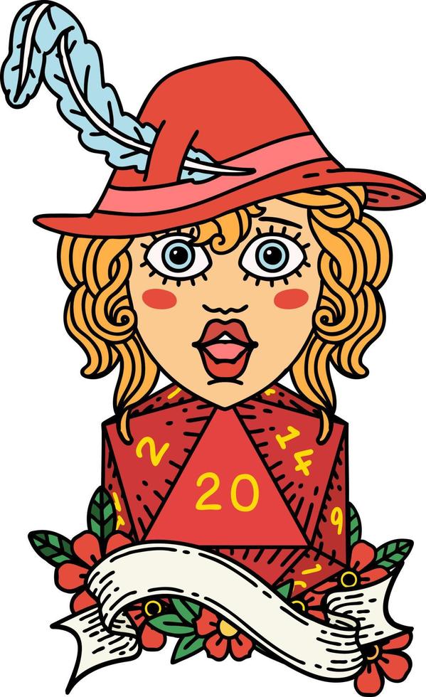 Retro Tattoo Style human bard with natural 20 dice roll vector