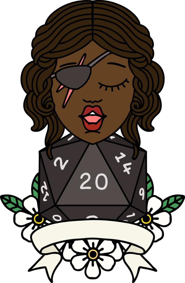 Retro Tattoo Style human rogue with natural 20 dice roll vector