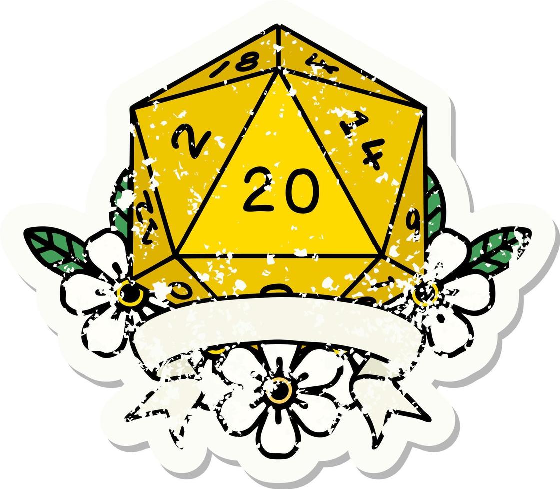 grunge sticker of a natural 20 critical hit D20 dice roll vector