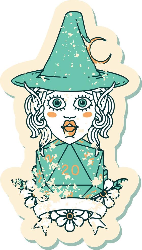 Retro Tattoo Style elf mage character with natural twenty dice roll vector