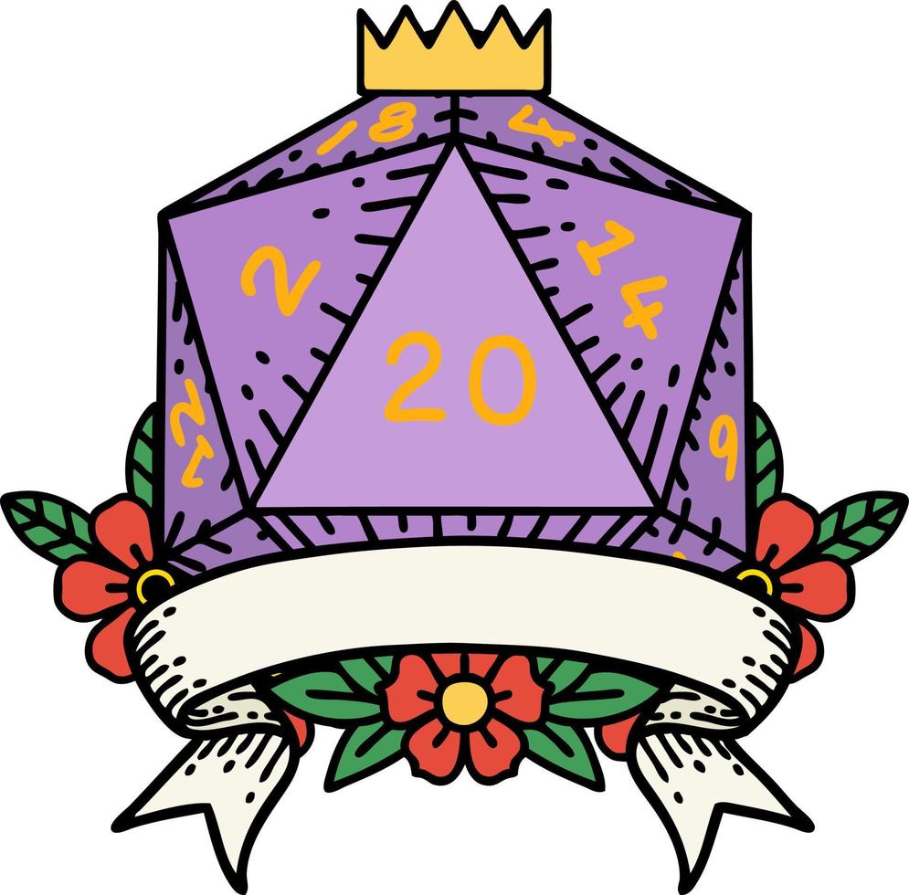 Retro Tattoo Style natural 20 critical hit D20 dice roll vector