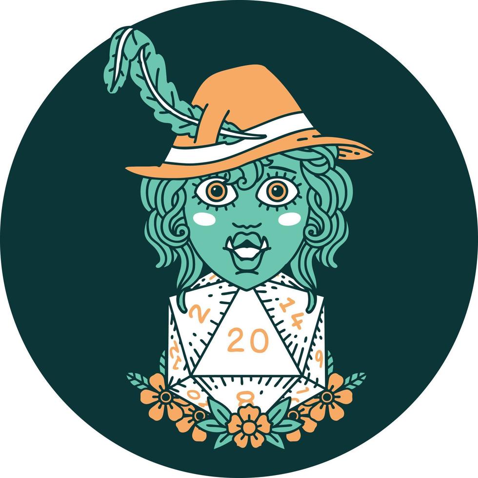 icon of half orc bard with natural twenty dice roll vector