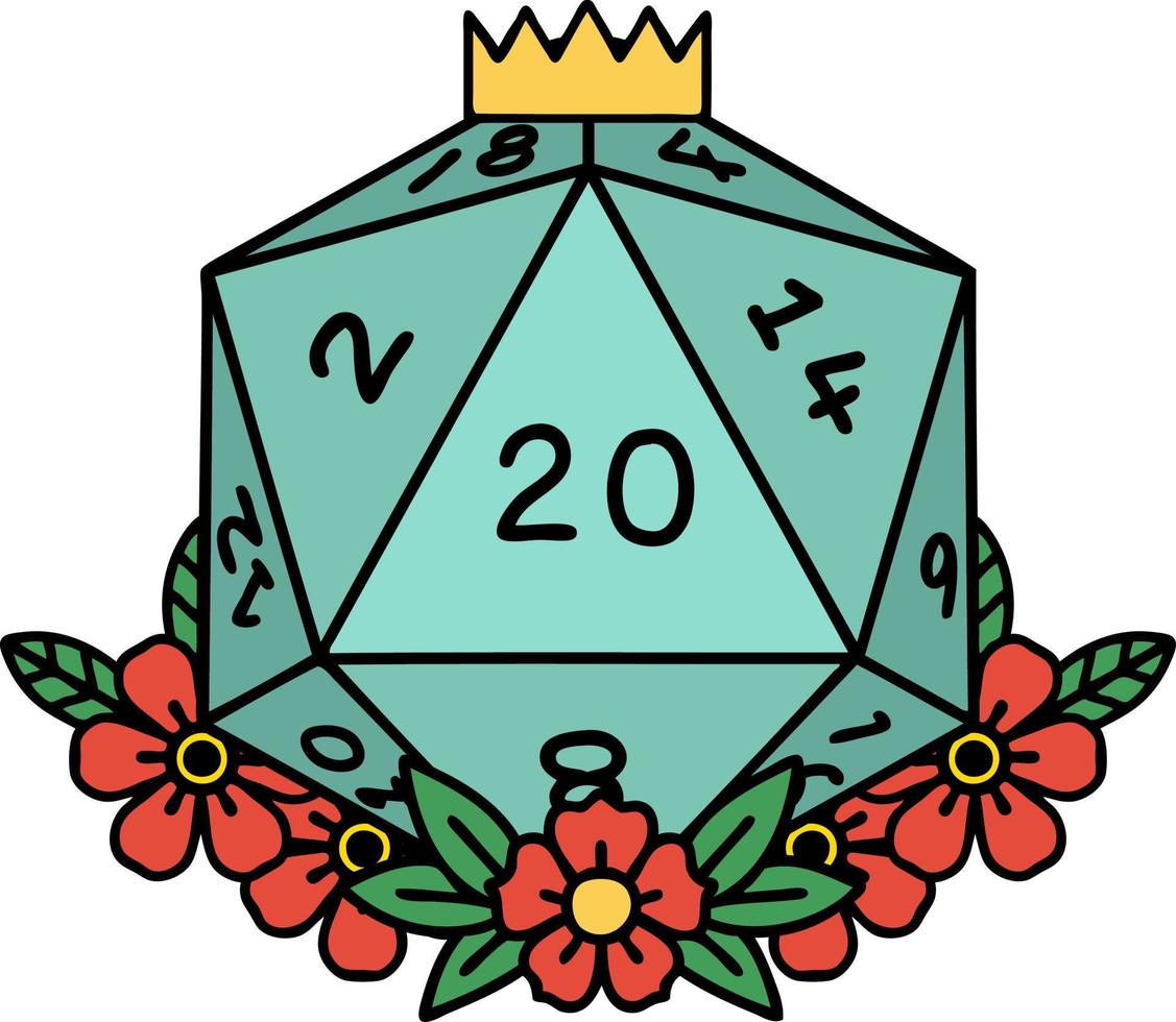 Retro Tattoo Style natural 20 D20 dice roll with floral elements vector