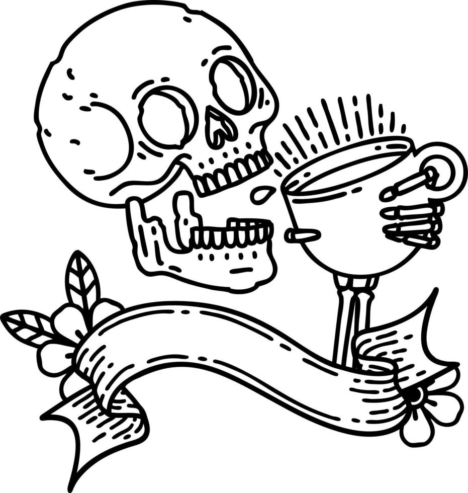 traditional black linework tattoo with banner of a skull drinking coffee vector