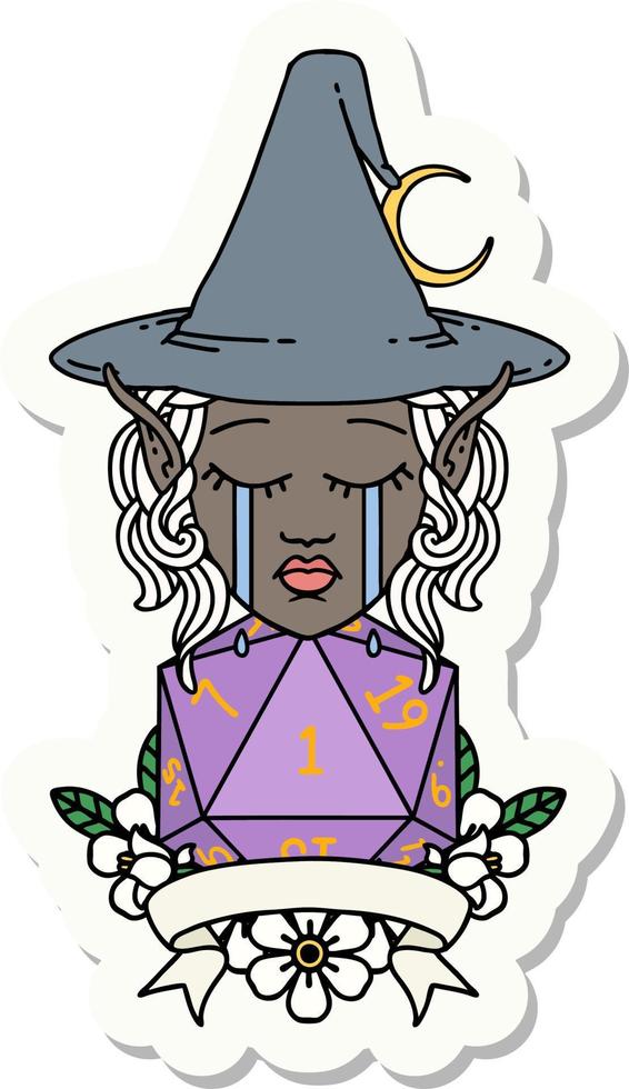 sticker of a crying elf mage character with natural one dice roll vector
