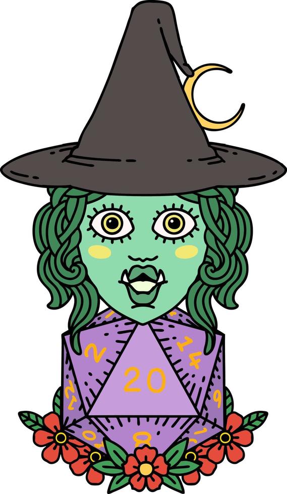 Retro Tattoo Style half orc witch with natural twenty dice roll vector