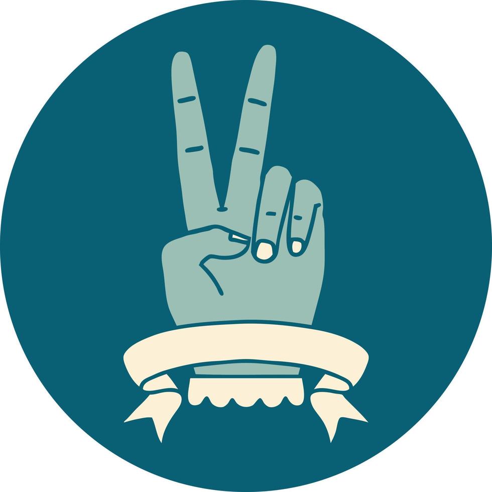 icono de paz gesto de mano con dos dedos con pancarta vector