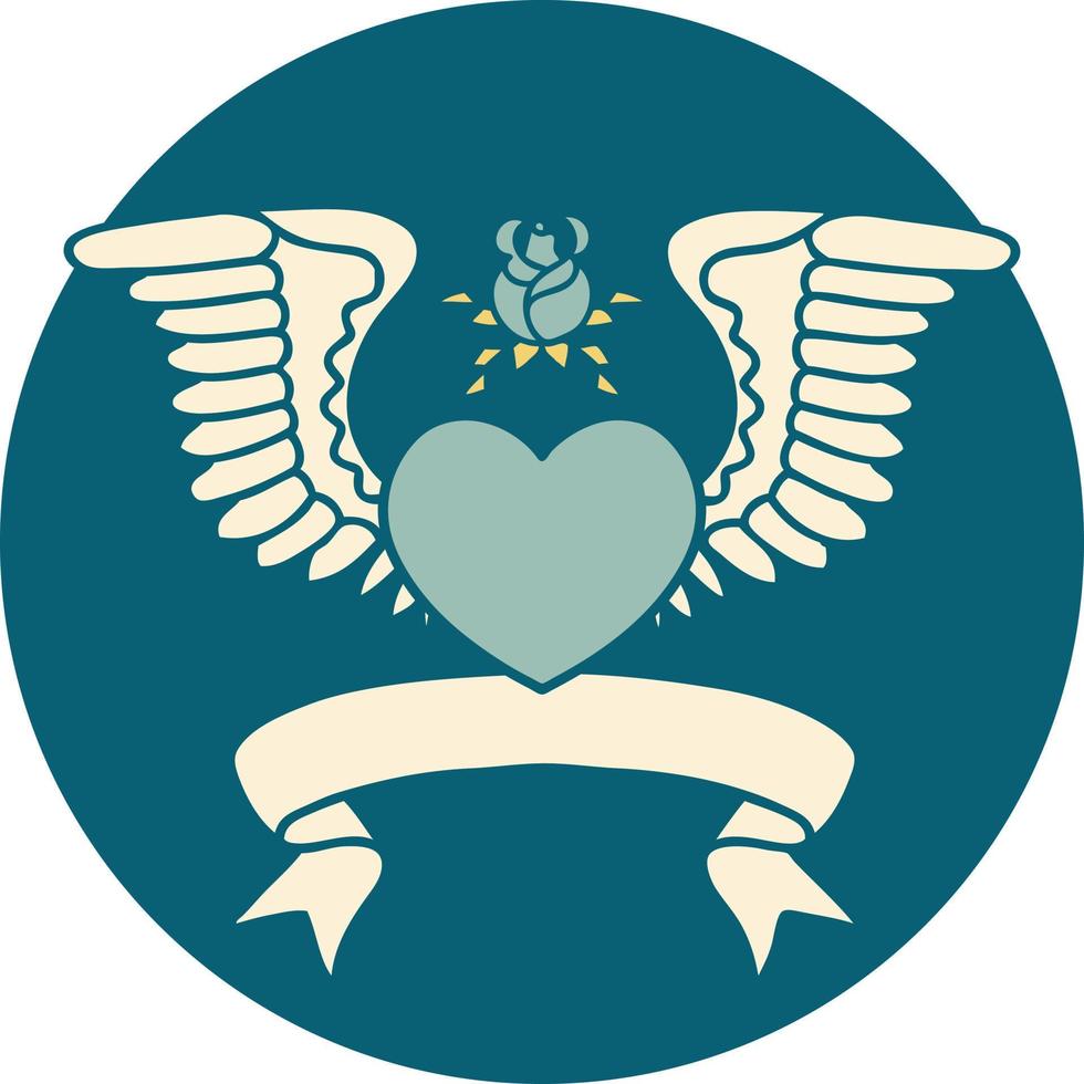 tattoo style icon with banner of a heart with wings vector