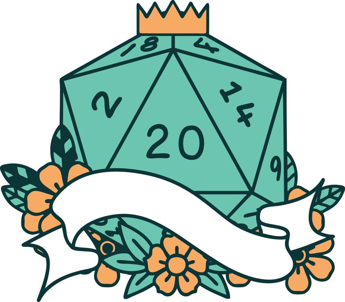 Retro Tattoo Style natural twenty D20 dice roll vector