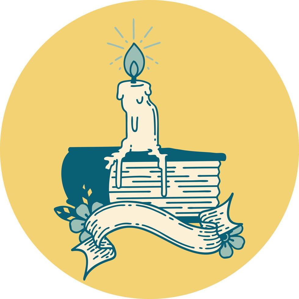 icon of a tattoo style candle melting on book vector