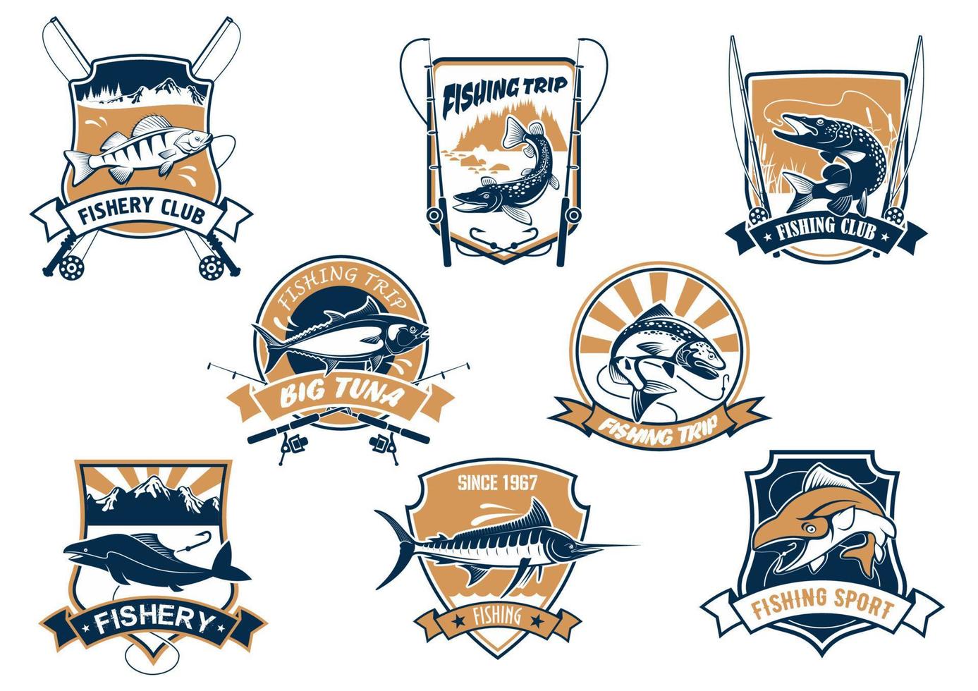 Sea and river fish and rods isolated icons vector