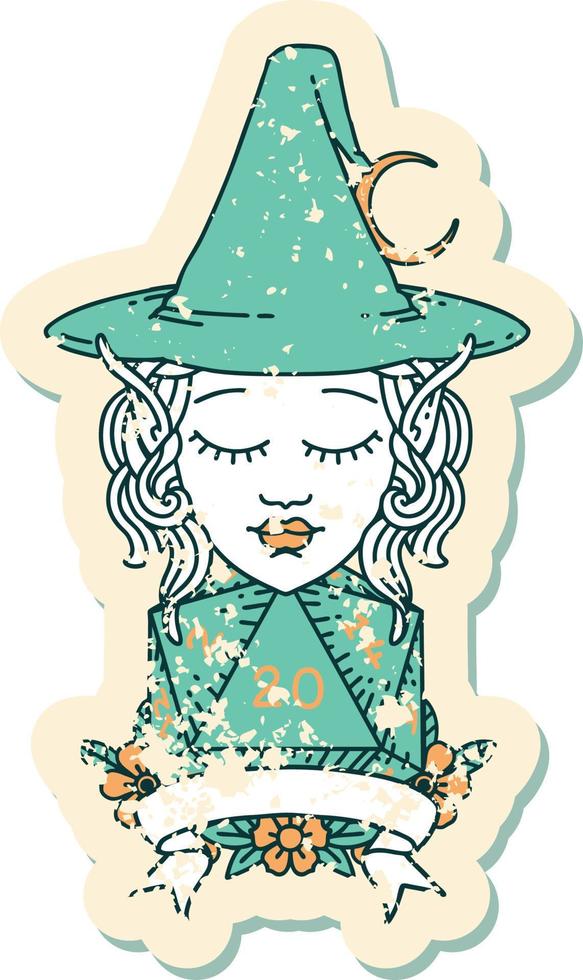 Retro Tattoo Style elf mage character with natural twenty dice roll vector
