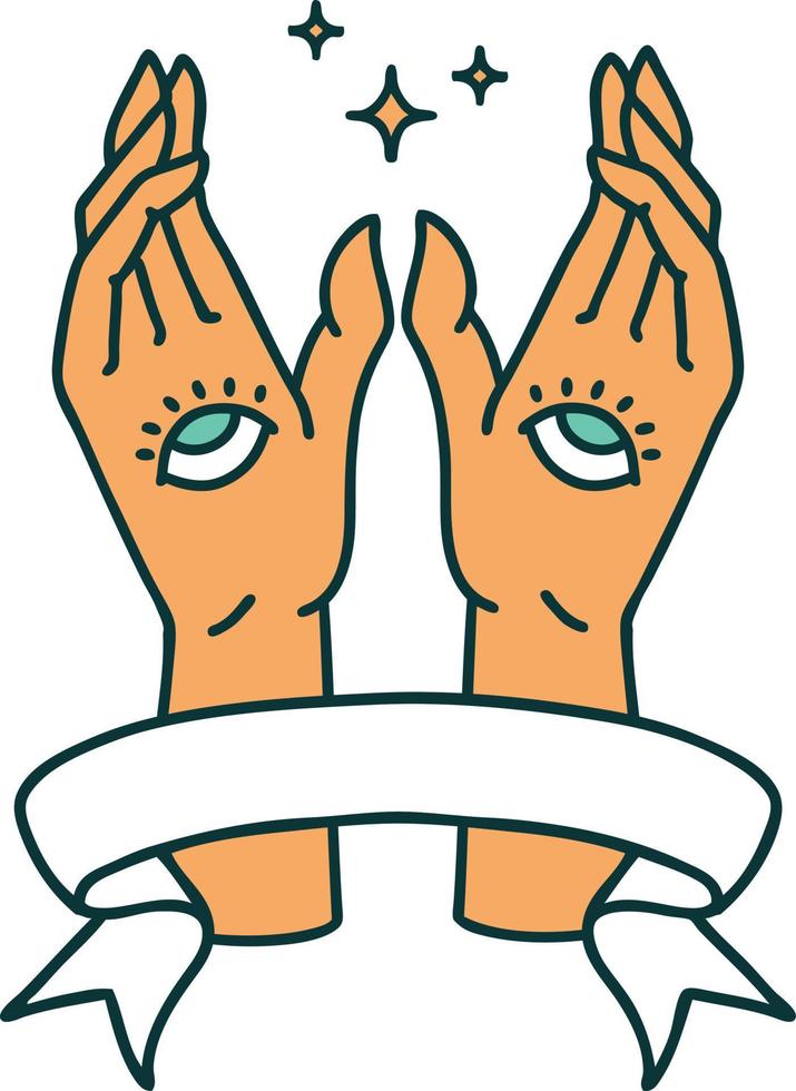 traditional tattoo with banner of mystic hands vector