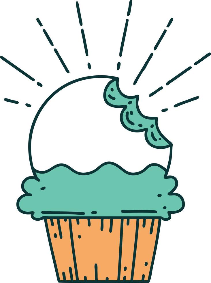 illustration of a traditional tattoo style cupcake with missing bite vector