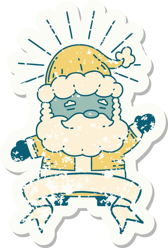 worn old sticker of a tattoo style santa claus christmas character vector