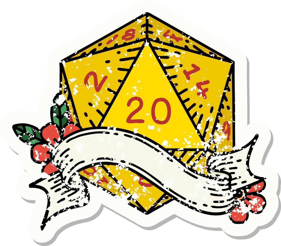 grunge sticker of a natural twenty D20 dice roll vector