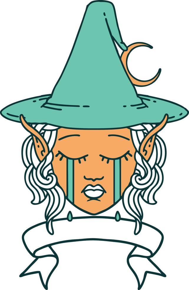 Retro Tattoo Style crying elf mage character face wiht banner vector