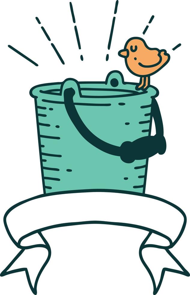 scroll banner with tattoo style bird perched on bucket of water vector