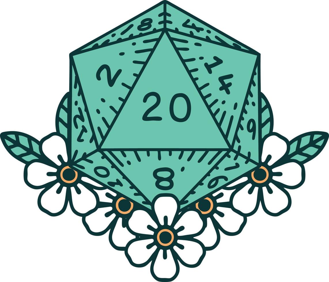 Retro Tattoo Style natural 20 D20 dice roll with floral elements vector