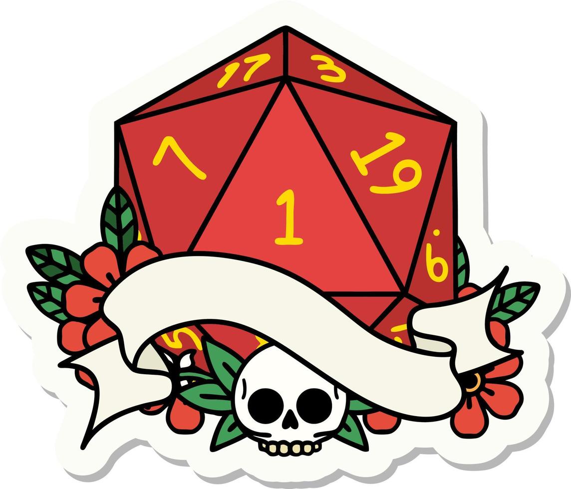 sticker of a natural one d20 dice roll vector