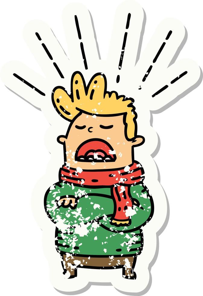 worn old sticker of a tattoo style man wearing scarf vector