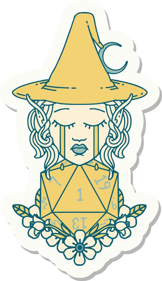 sticker of a crying elf witch with natural one D20 roll vector