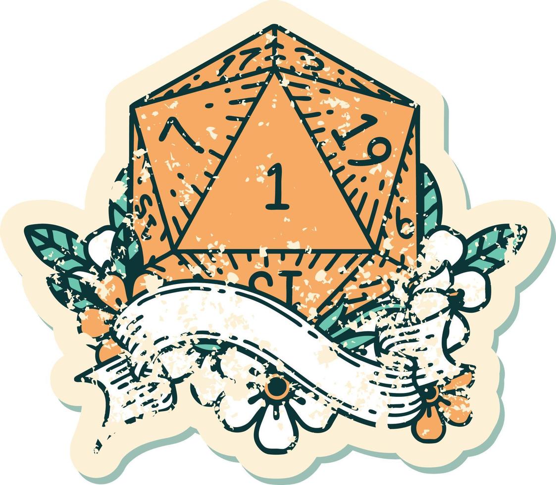 estilo de tatuaje retro natural uno d20 tirada de dados vector