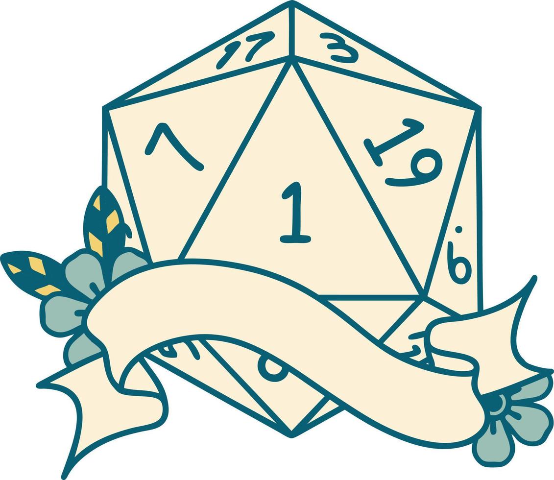 estilo de tatuaje retro natural uno d20 tirada de dados vector