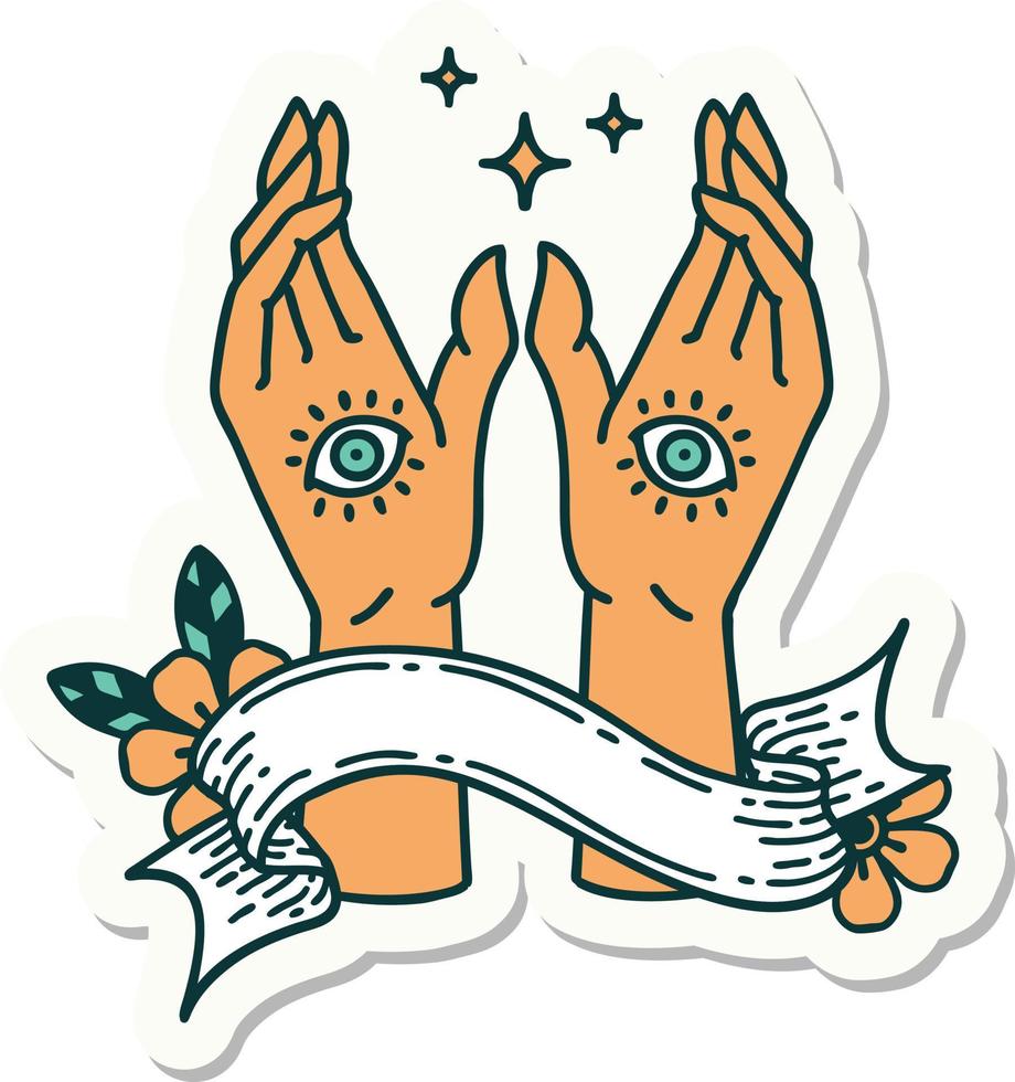 tattoo style sticker with banner of mystic hands vector