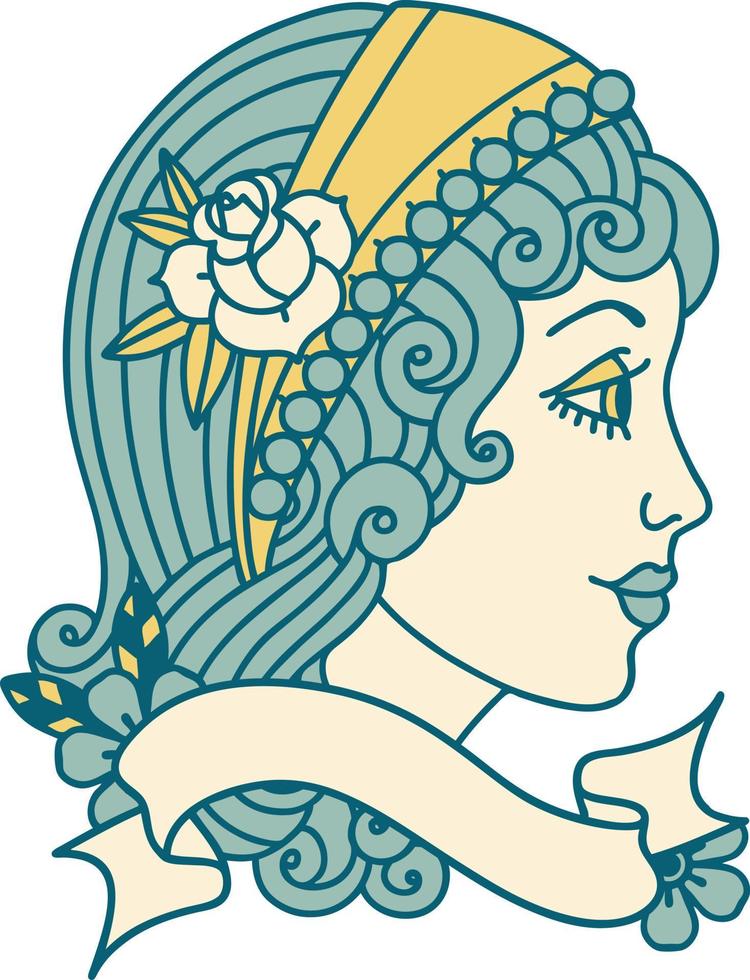 traditional tattoo with banner of a gypsy head vector