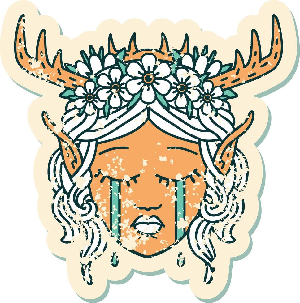 Retro Tattoo Style crying elf druid character face vector