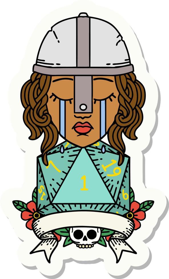 sticker of a crying human fighter with natural one D20 dice vector