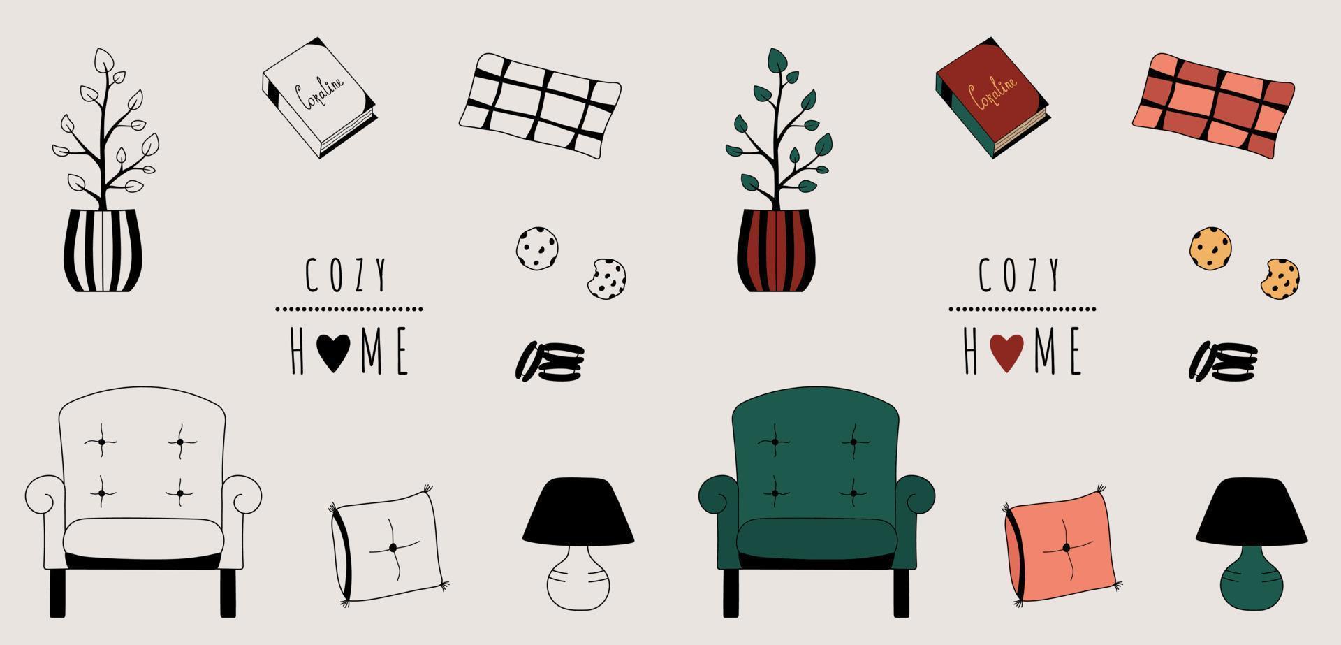 Collection of doodle cozy home stickers. Isolated hand drawn armchair, pillows, lamp, cookies, house plant, book clip art. Vector illustration of interior items, furniture