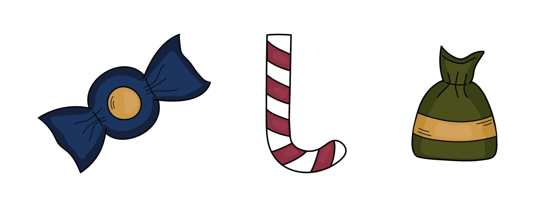 Set with doodle Christmas candies. Hand drawn isolated holiday sweets. Festive vector candies