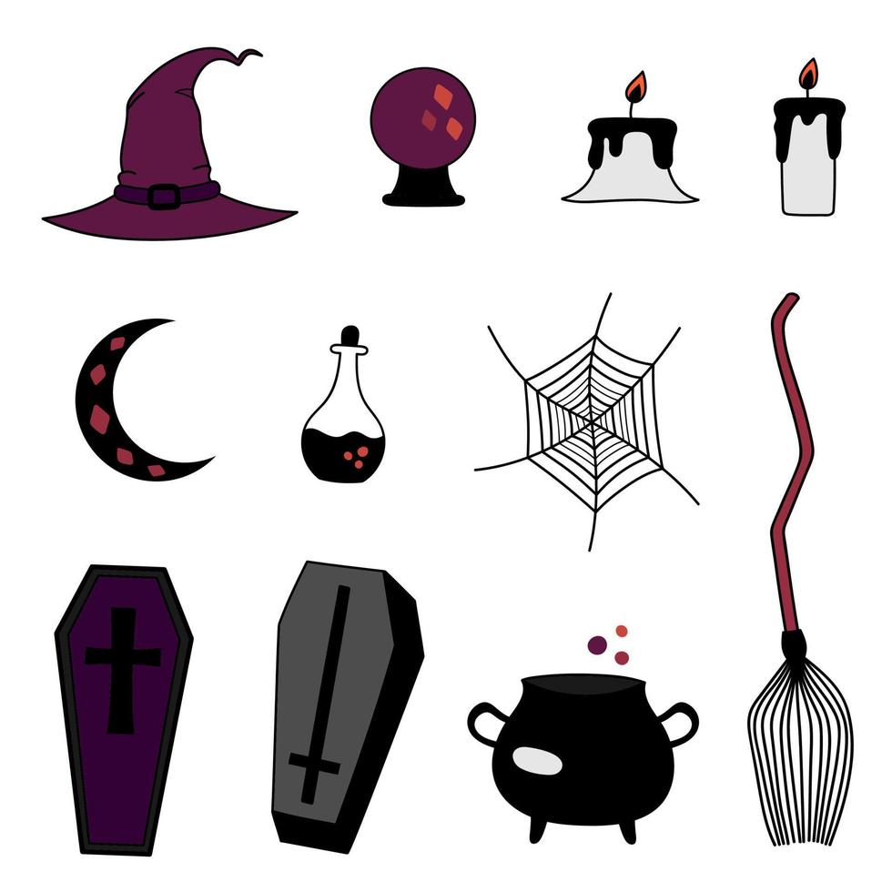 Witchcraft magic items doodle isolated set. Halloween hand drawn potion, broom, magic ball, witch hat, candles, cauldron, coffins. Vector magical witch items illustration