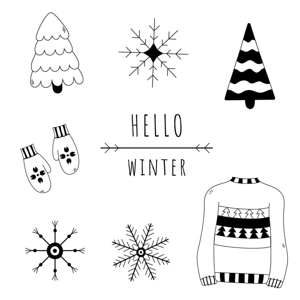 Hello winter doodles isolated set. Hand drawn snowflakes, Christmas trees, sweater, mittens. Winter vector outline illustration