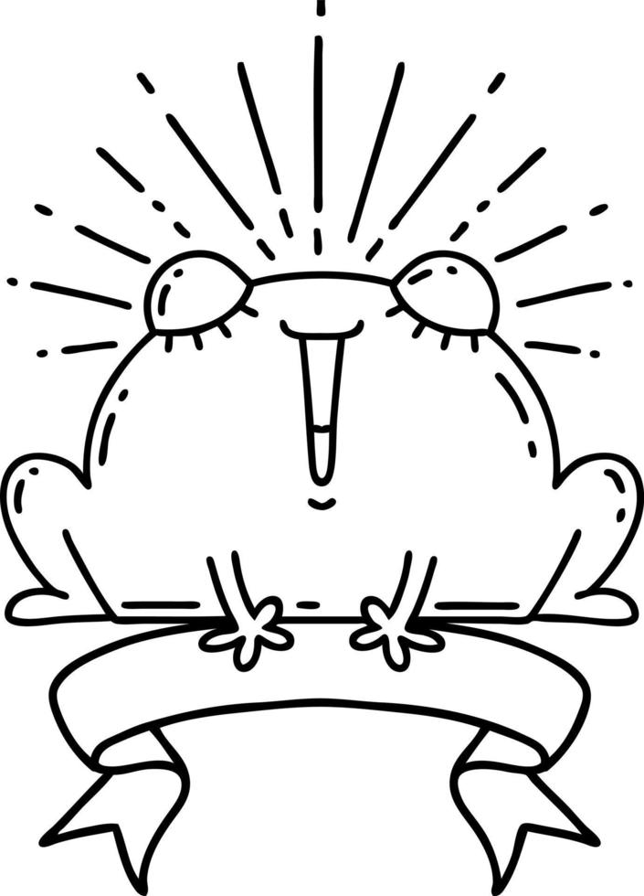 scroll banner with black line work tattoo style happy frog vector