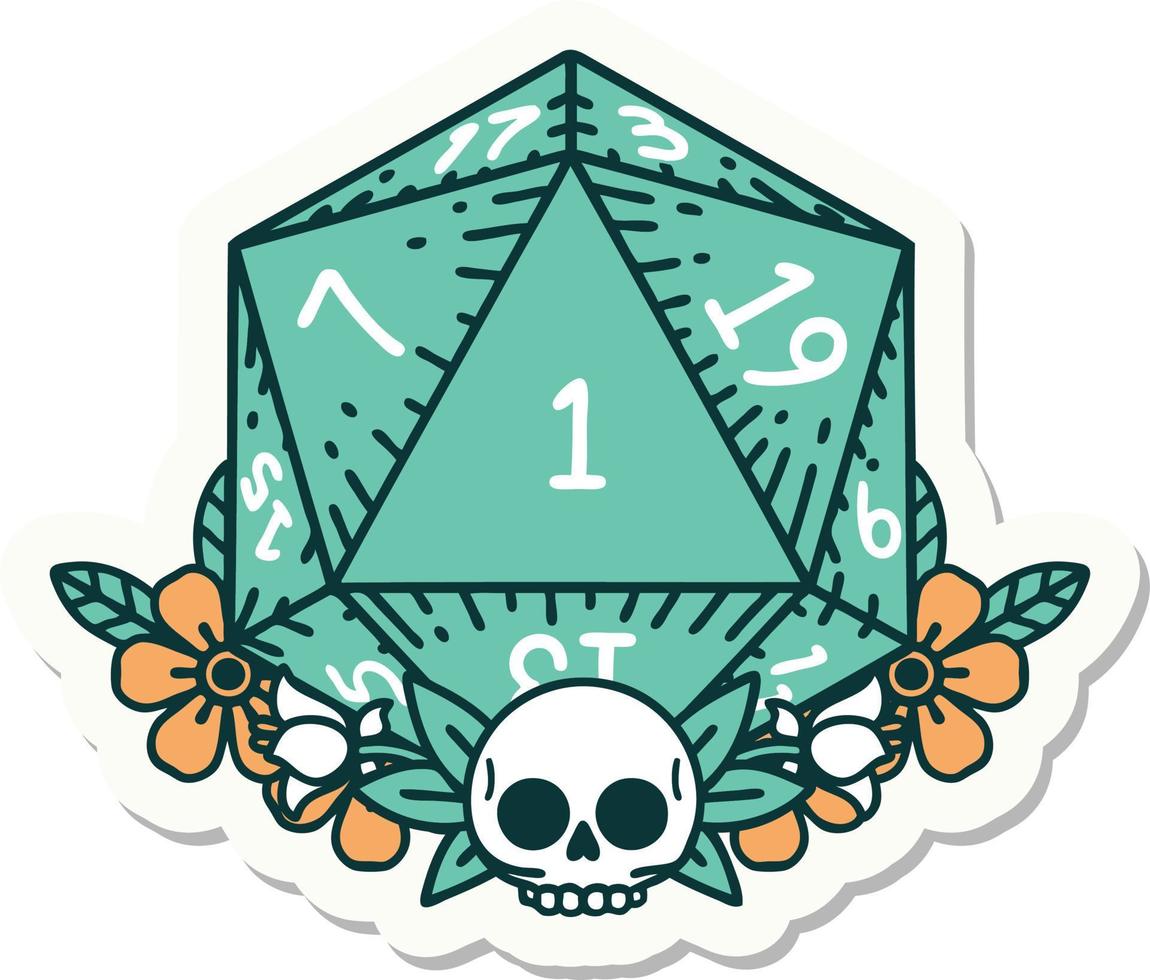 sticker of a natural one dice roll with floral elements vector