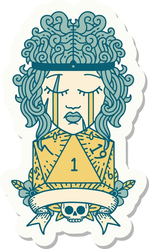 sticker of a crying human barbarian with natural one roll vector